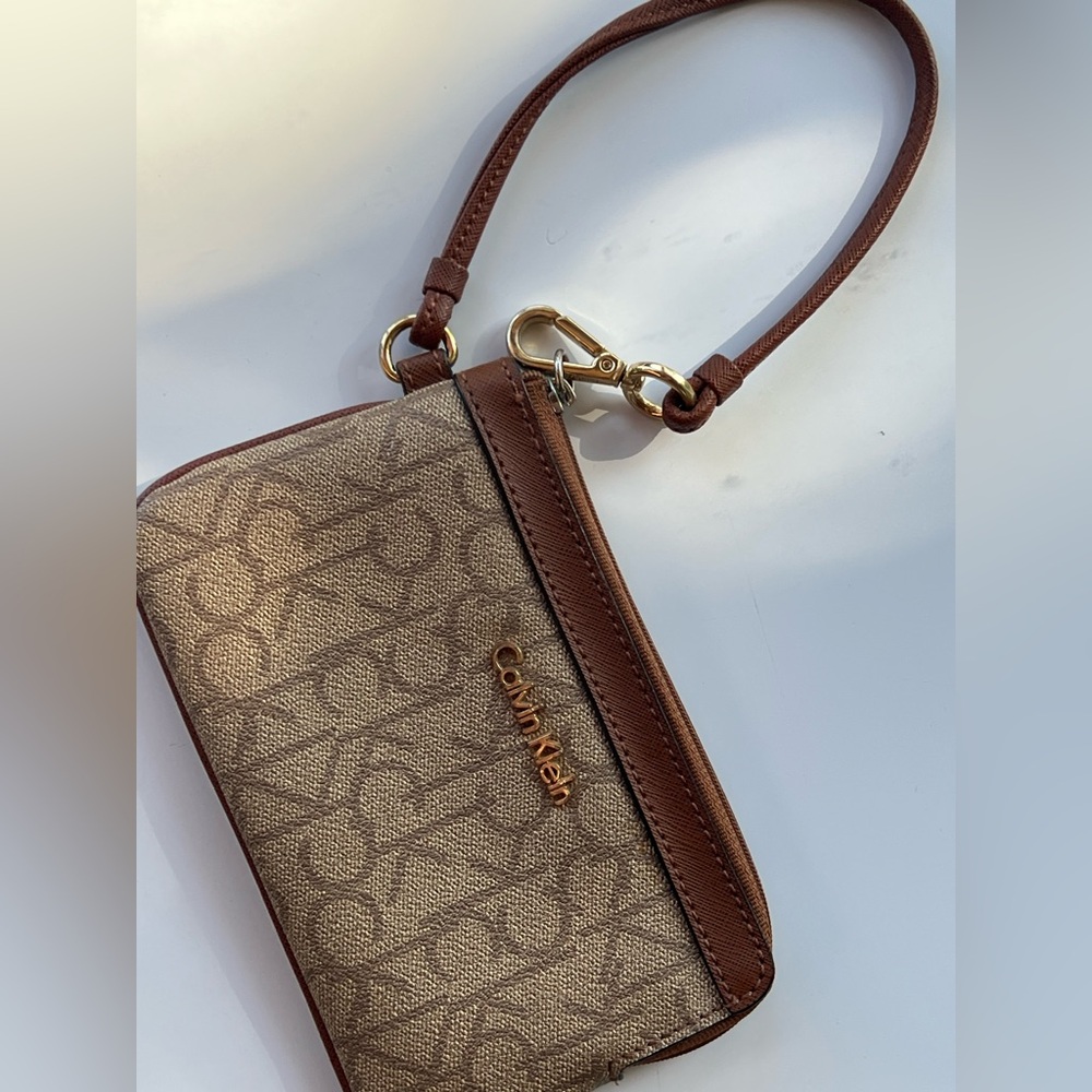 Calvin Klein Tan and Brown Monogram Wristlet